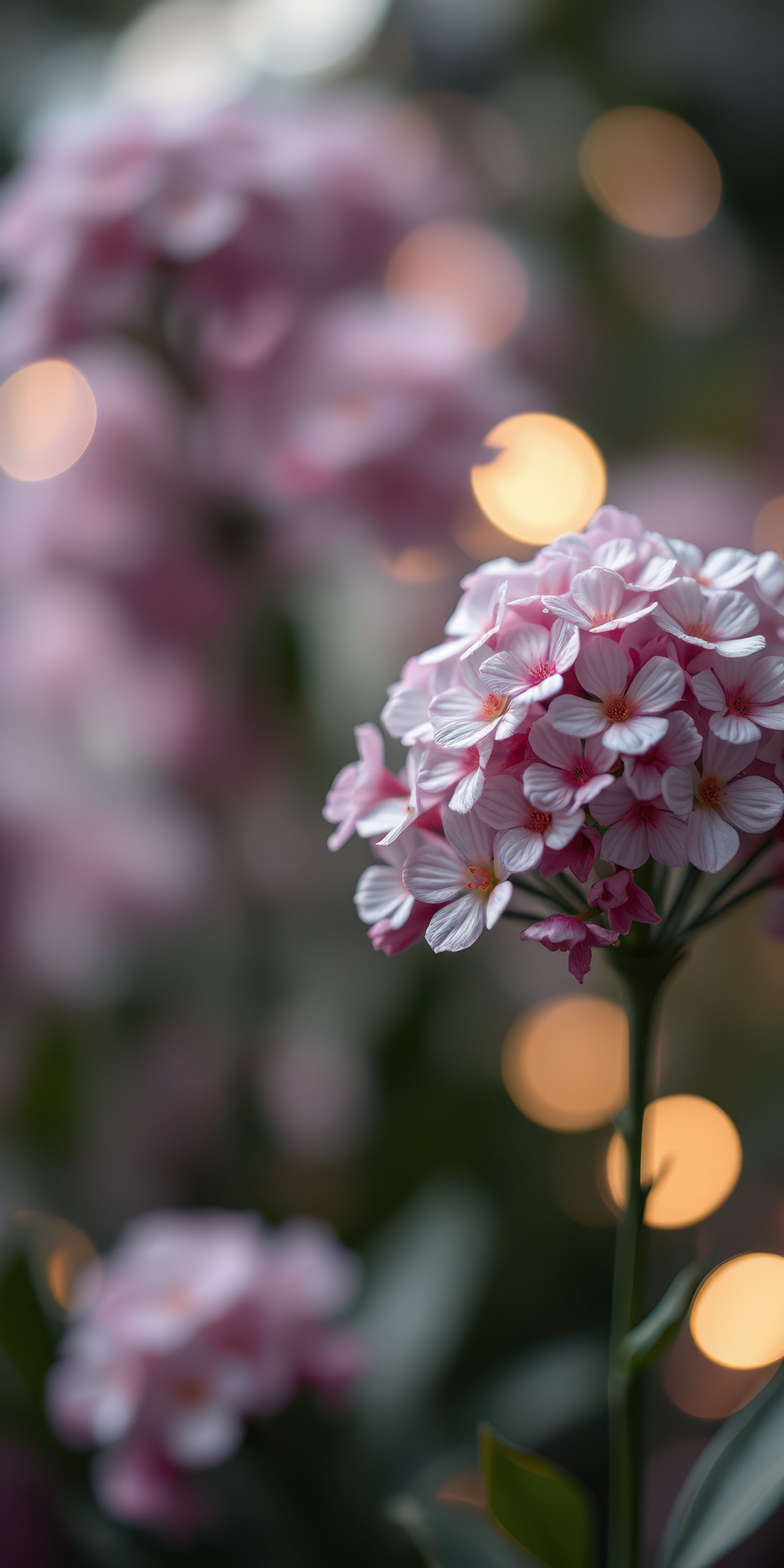 Beautiful pink flowers illuminated by warm lights during springtime in a garden setting